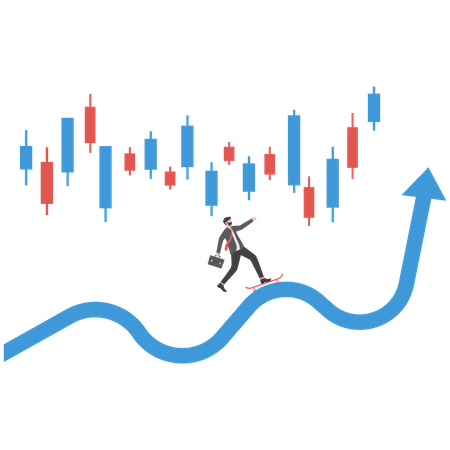 Empresário usa o céu pulando na seta para crescer com o gráfico do mercado de ações acima da palavra Risco  Ilustração