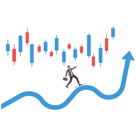 Empresário usa o céu pulando na seta para crescer com o gráfico do mercado de ações acima da palavra Risco  Ilustração