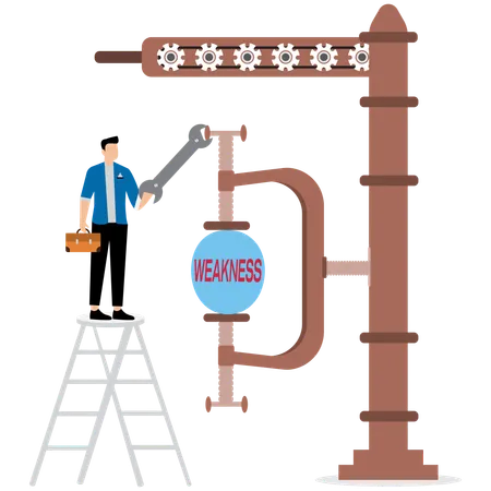 Empresario utiliza una abrazadera para apretar y reducir el tamaño de la bola débil  Ilustración