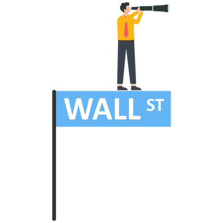 El empresario utiliza un telescopio de mano en un cartel de Wall Street  Ilustración