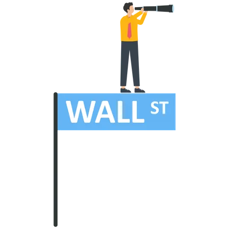 El empresario utiliza un telescopio de mano en un cartel de Wall Street  Ilustración