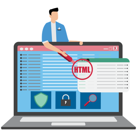 Hombre de negocios comprobando la codificación HTML en una computadora portátil  Ilustración