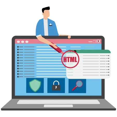 Hombre de negocios comprobando la codificación HTML en una computadora portátil  Ilustración