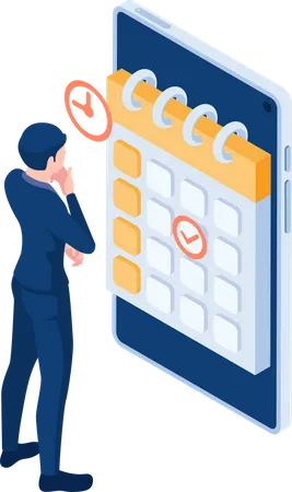 Empresario Isometrico 3 D Plano Verificando Compromissos De Negocios No Aplicativo De Calendario No Smartphone Conceito De Compromissos De Negocios Ilustração