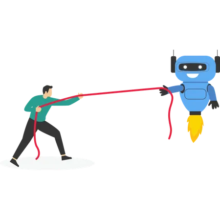 Hombre de negocios versus cyborg con inteligencia artificial tirando de extremos opuestos de la cuerda  Ilustración