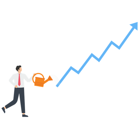 Empresario vertiendo agua en un gráfico del mercado de valores de flecha roja  Ilustración