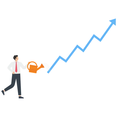 Empresario vertiendo agua en un gráfico del mercado de valores de flecha roja  Ilustración