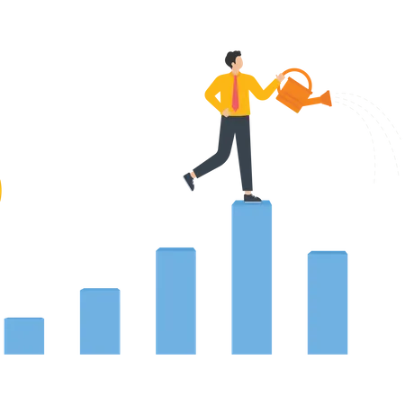 Empresario vertiendo agua en un gráfico de barras  Ilustración
