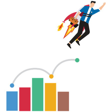 Un hombre de negocios se sube a un cohete mientras los gráficos de negocios suben  Ilustración