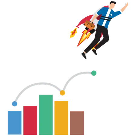 Un hombre de negocios se sube a un cohete mientras los gráficos de negocios suben  Ilustración