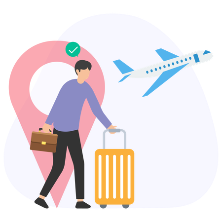 Empresário viajando com mala e avião voando  Illustration