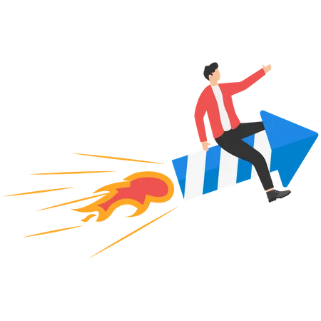 Empresário voando alto montando foguete de fogos de artifício  Ilustração
