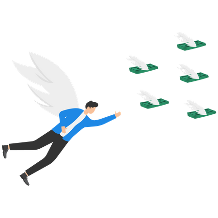 Empresário voando com as asas atrás de dinheiro  Ilustração
