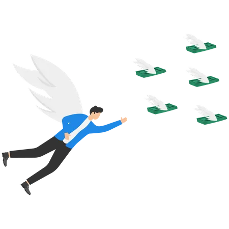 Empresário voando com as asas atrás de dinheiro  Ilustração