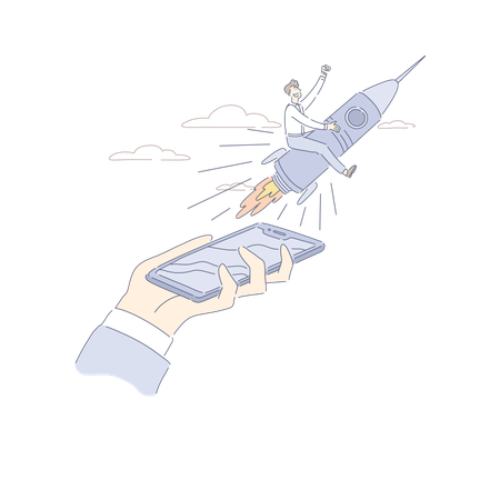 Empresário voando em cima de um foguete  Ilustração