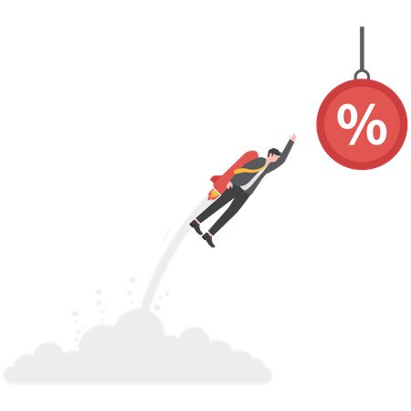 Empresário voando de foguete alcançando um sinal de porcentagem  Ilustração