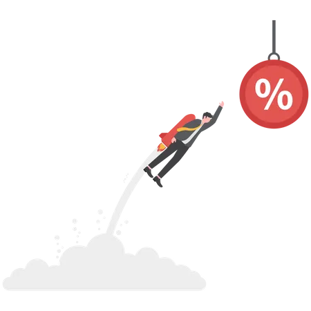 Empresário voando de foguete alcançando um sinal de porcentagem  Ilustração