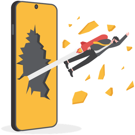 Empresario volando con cohete fuera de la pantalla del teléfono móvil  Ilustración