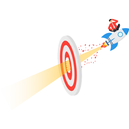 Empresario volando con cohete golpeando el objetivo  Ilustración