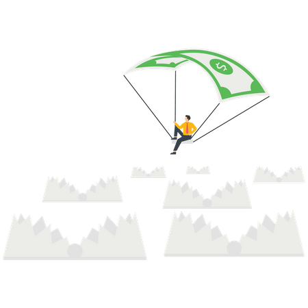 Empresario volando en paracaídas sobre un enjambre de trampas para ratones  Ilustración
