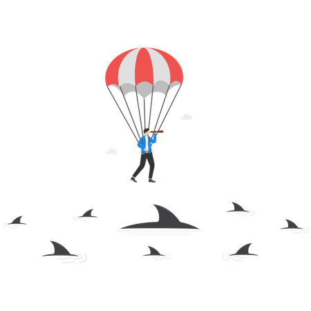 Empresario volando en paracaidismo para ver oportunidades de negocio  Ilustración
