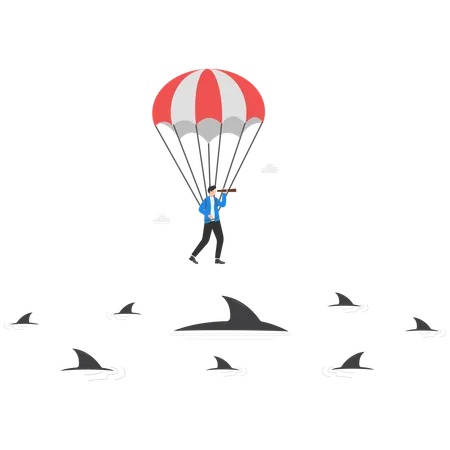 Empresario volando en paracaidismo para ver oportunidades de negocio  Ilustración