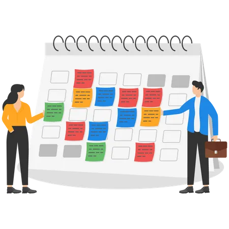 Empresario y empresaria pegando notas breves del plan de negocios en un gran calendario  Ilustración