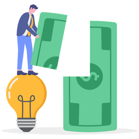 El hombre de negocios y las ideas ganan dinero.  Ilustración