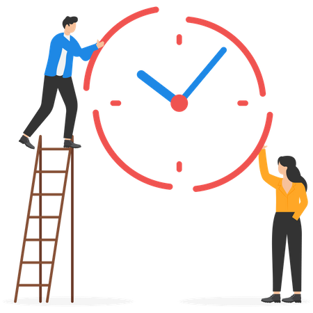 El hombre de negocios y la mujer ayudan a combinar piezas del cronómetro del reloj  Ilustración
