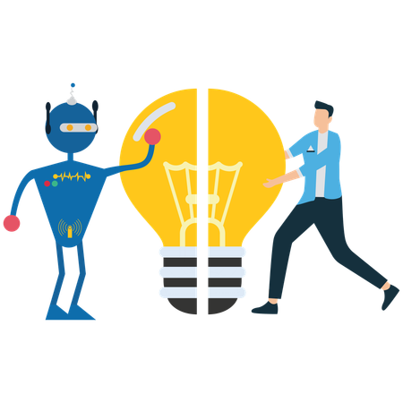 Hombre de negocios y robot con idea de rompecabezas  Ilustración