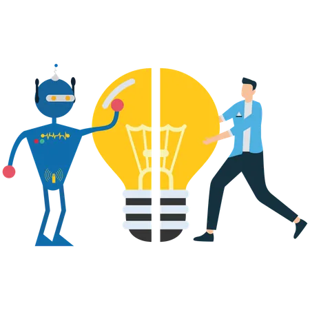 Hombre de negocios y robot con idea de rompecabezas  Ilustración
