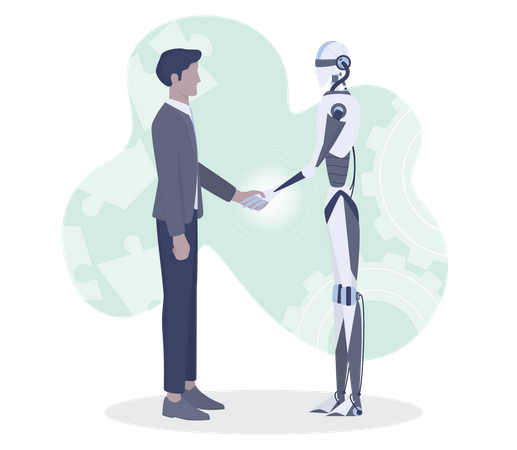 Empresario y robot dándose la mano  Ilustración