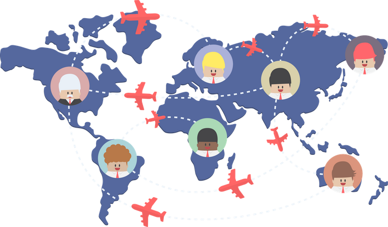 Rutas de empresarios y aviones en el mapa mundial  Ilustración