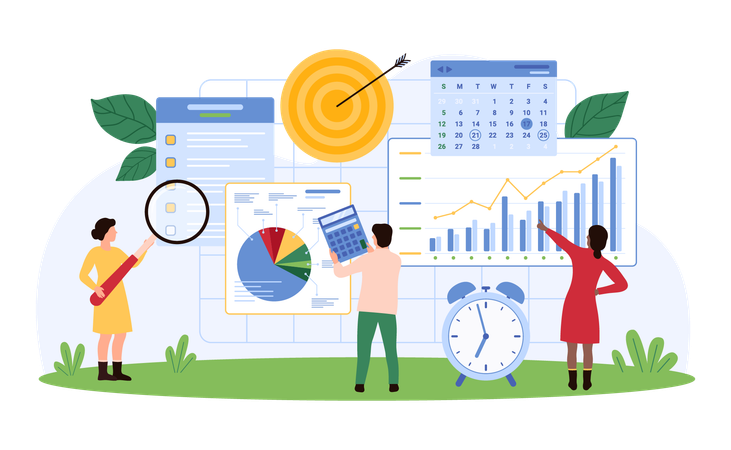 Pessoas de negócios analisando dados para atingir metas  Ilustração