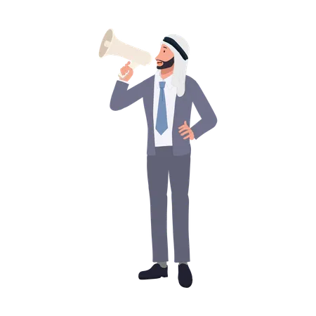Fuerte comunicación de marketing de un empresario árabe utilizando un megáfono para hacer anuncios  Ilustración