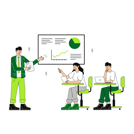 Personas de negocios asistiendo a una reunión de negocios con presentación de datos  Ilustración