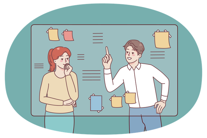 Empresários fazem brainstorming perto do quadro  Ilustração