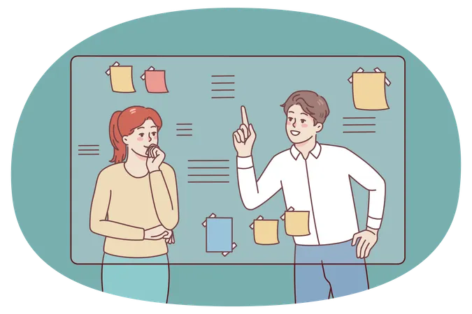 Empresários fazem brainstorming perto do quadro  Ilustração
