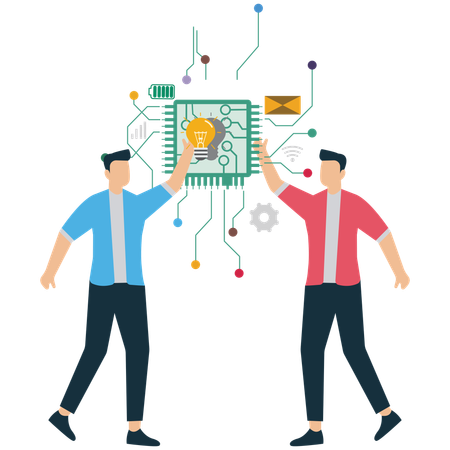 Empresarios colaboran en una idea de inteligencia artificial  Ilustración