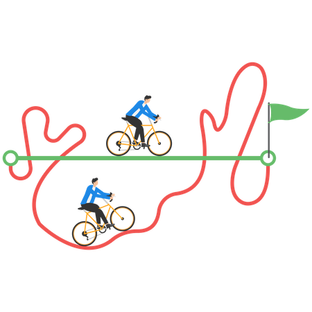 Empresários com bicicleta passam de maneira fácil e direta e outros em um caminho difícil e confuso  Ilustração