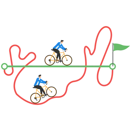 Empresários com bicicleta passam de maneira fácil e direta e outros em um caminho difícil e confuso  Ilustração