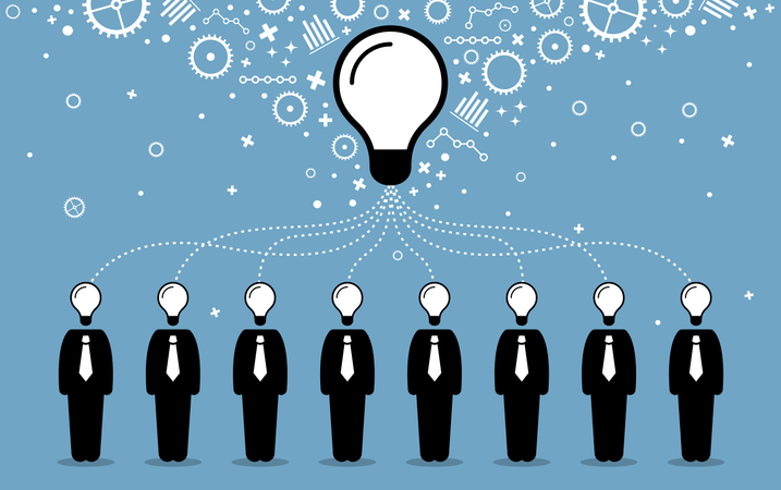 Empresários combinando suas ideias, mentes e pensamentos para criar uma ideia maior e melhor  Ilustração