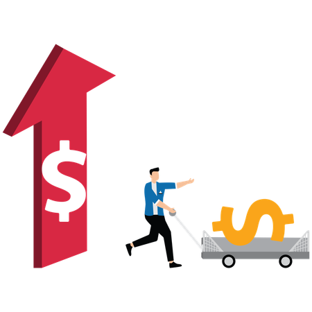 Hombres de negocios con signos de dólar saltando desde el interior de la flecha  Ilustración