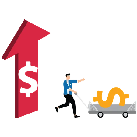 Hombres de negocios con signos de dólar saltando desde el interior de la flecha  Ilustración