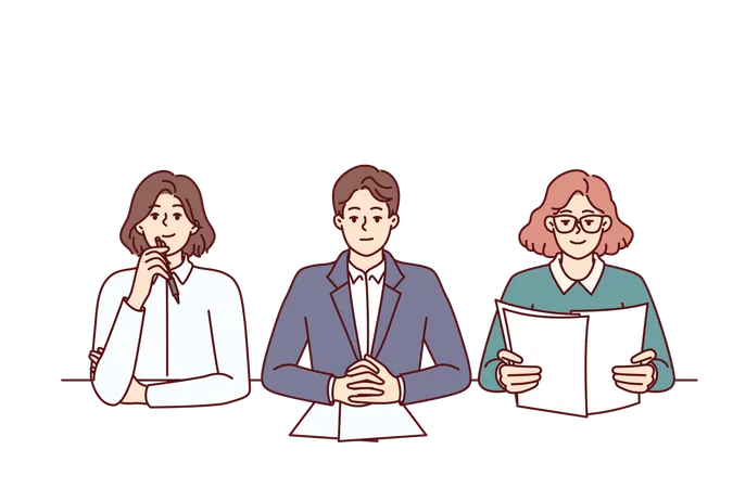 Empresários da empresa de recrutamento conduzindo entrevistas sentados à mesa no escritório  Ilustração