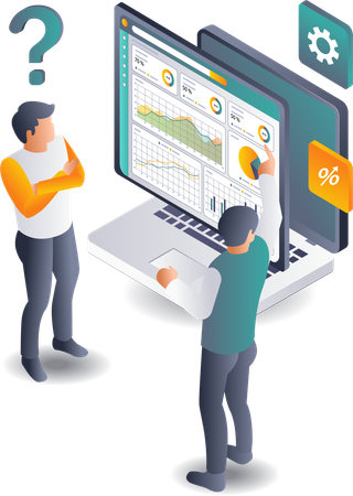 Empresarios discutiendo opiniones sobre el análisis de datos informáticos  Ilustración