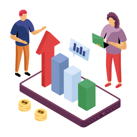 Empresários discutindo dados gráficos  Ilustração