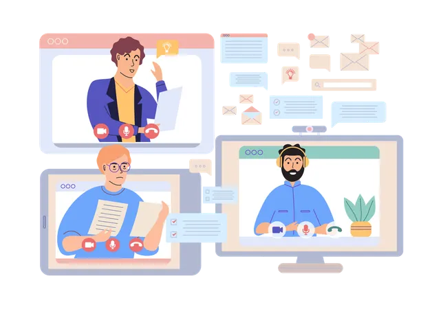 Empresários discutindo em reunião online  Ilustração