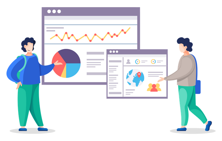Empresários discutindo o site do relatório gráfico  Ilustração