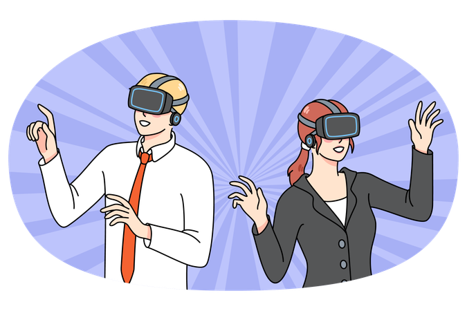 Empresários com óculos de realidade virtual exploram os arredores  일러스트레이션